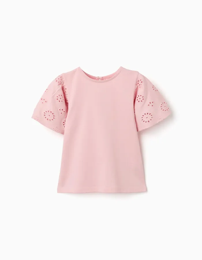 Cotton T-shirt with sleeves in broderie anglaise for girls, pink