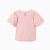 Cotton T-shirt with sleeves in broderie anglaise for girls, pink