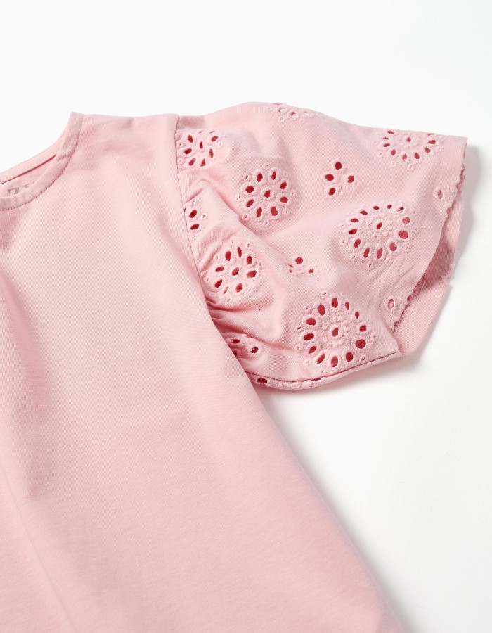 Cotton T-shirt with sleeves in broderie anglaise for girls, pink