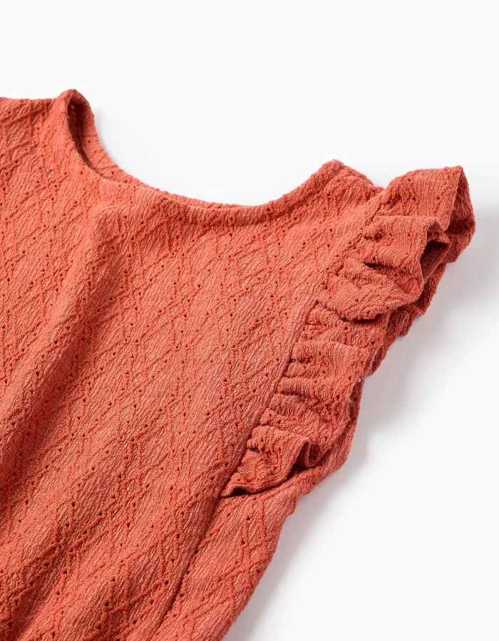 Sleeveless top with broderie anglaise and ruffles for girls, orange