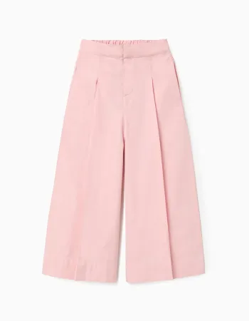 Wide leg poplin trousers with front pleats for girls, light pink
