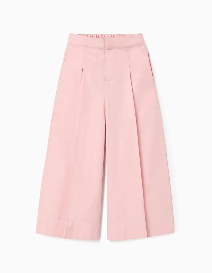 Wide leg poplin trousers with front pleats for girls, light pink