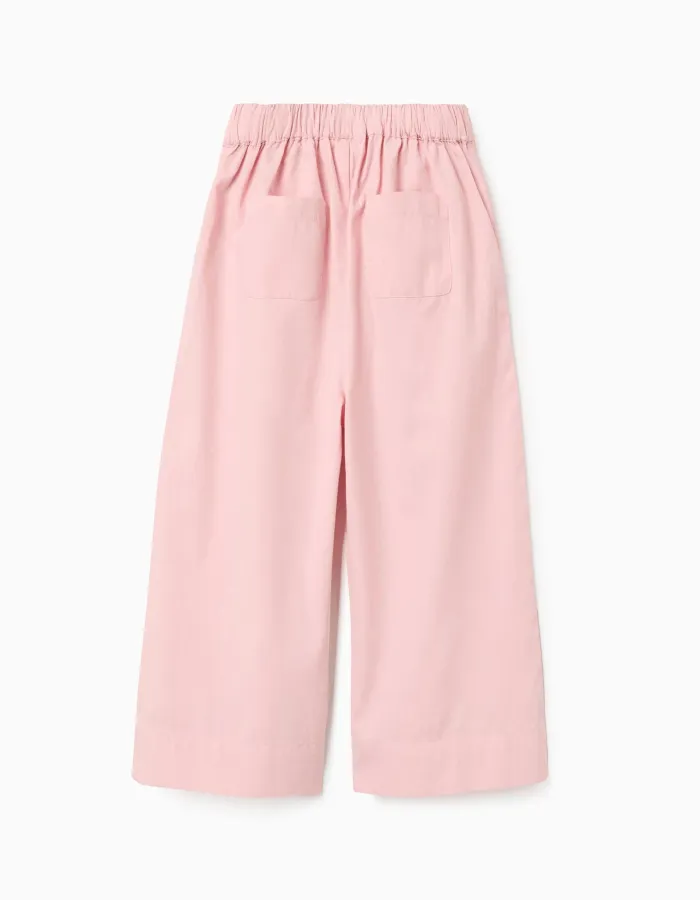 Wide leg poplin trousers with front pleats for girls, light pink