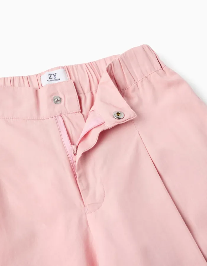 Wide leg poplin trousers with front pleats for girls, light pink