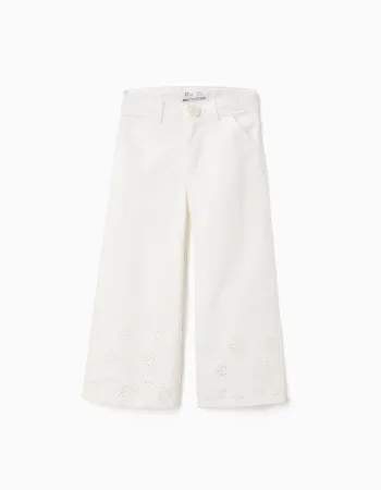 Wide leg twill trousers with broderie anglaise for girls, light beige