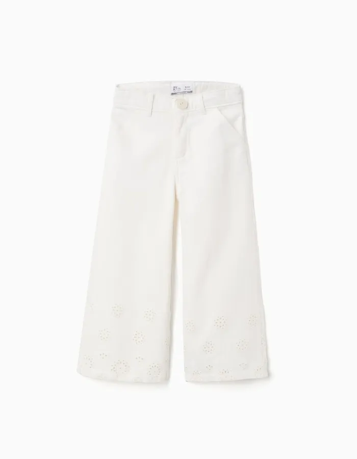 Wide leg twill trousers with broderie anglaise for girls, light beige
