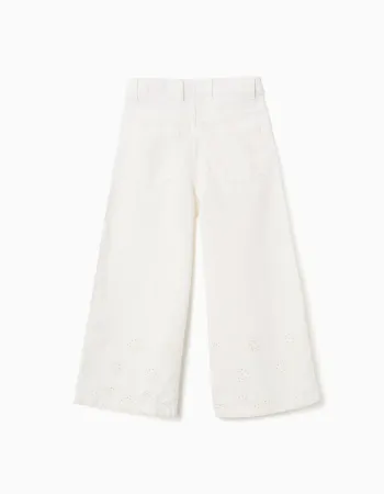 Wide leg twill trousers with broderie anglaise for girls, light beige