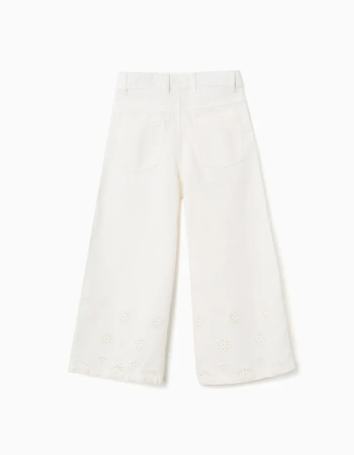 Wide leg twill trousers with broderie anglaise for girls, light beige