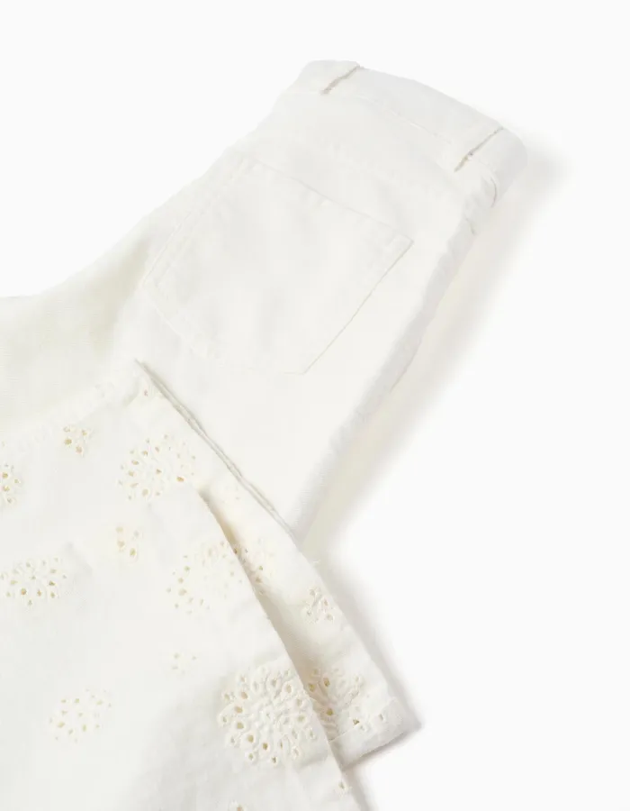 Wide leg twill trousers with broderie anglaise for girls, light beige