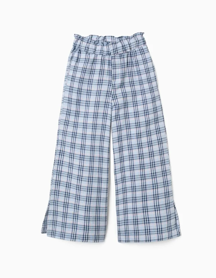 Wide leg cotton trousers with check pattern B&S for girls, blue