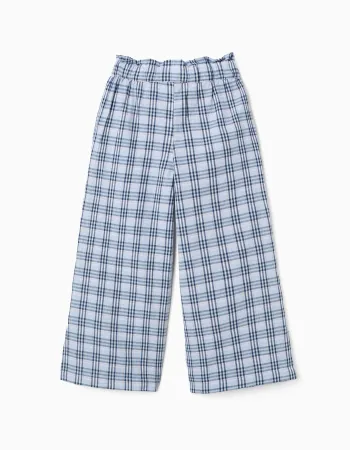 Wide leg cotton trousers with check pattern B&S for girls, blue