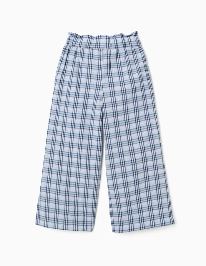 Wide leg cotton trousers with check pattern B&S for girls, blue