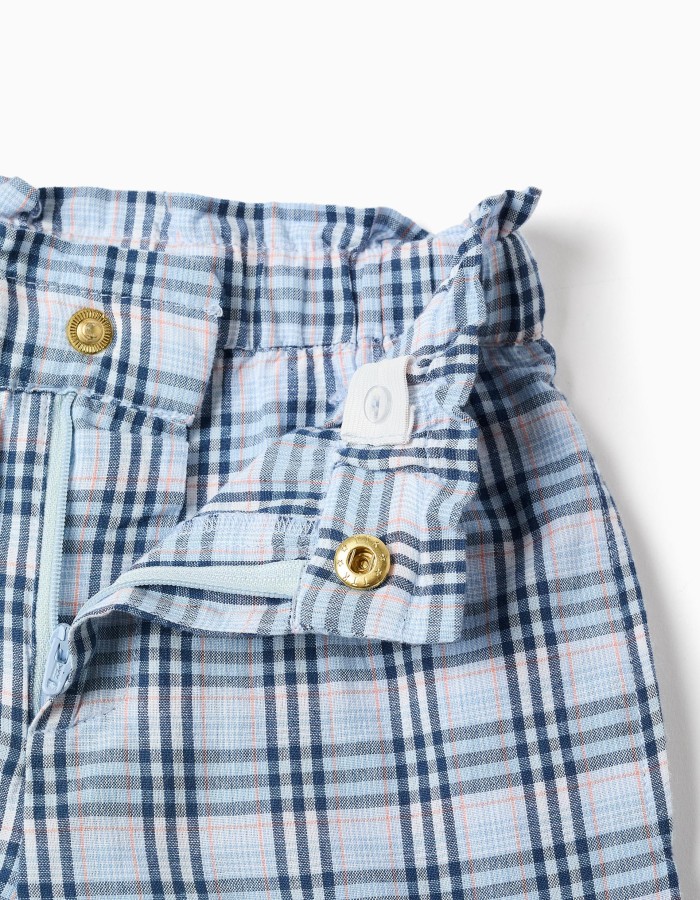 Wide leg cotton trousers with check pattern B&S for girls, blue