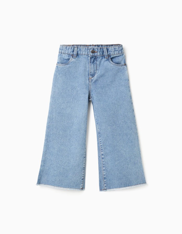 Wide leg denim trousers with frayed hems for girls, light blue