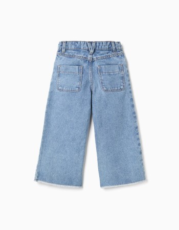 Wide leg denim trousers with frayed hems for girls, light blue