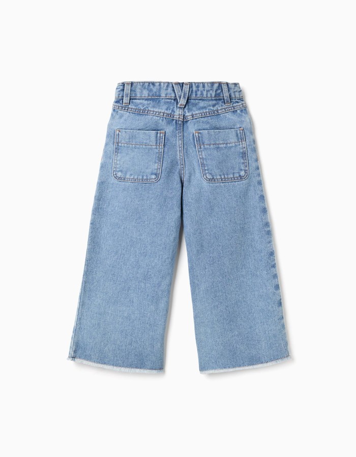 Wide leg denim trousers with frayed hems for girls, light blue