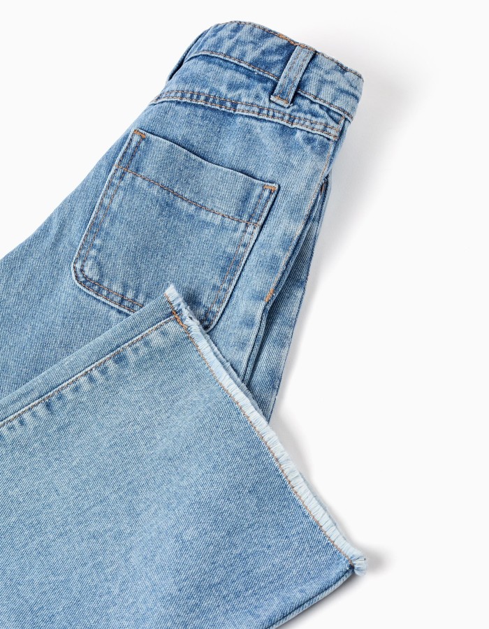 Wide leg denim trousers with frayed hems for girls, light blue