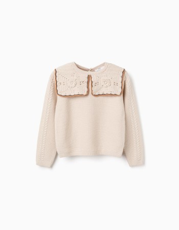 Knitted jumper with maxi collar in crochet B&S for girls, beige