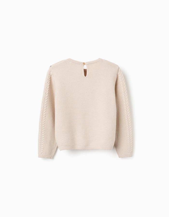 Knitted jumper with maxi collar in crochet B&S for girls, beige