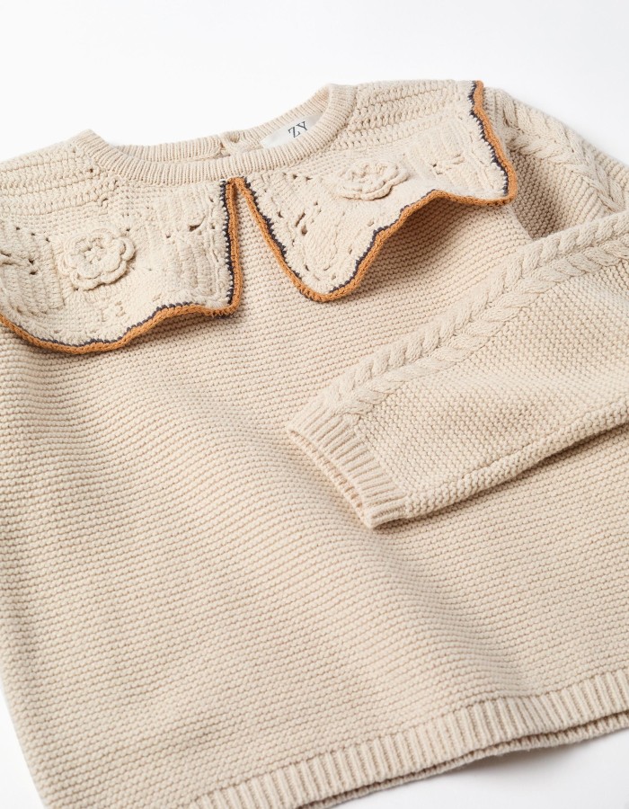 Knitted jumper with maxi collar in crochet B&S for girls, beige
