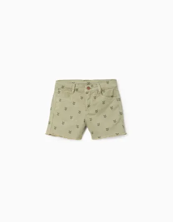 Twill shorts with floral motif and frayed hems for girls, dark green