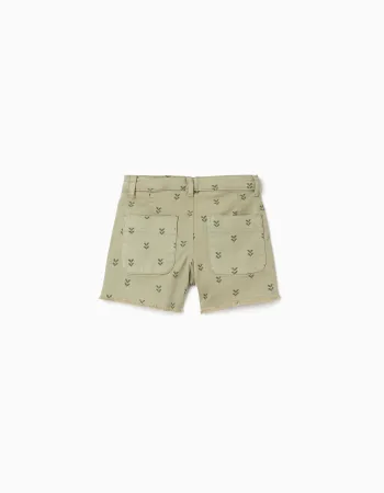 Twill shorts with floral motif and frayed hems for girls, dark green