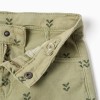 Twill shorts with floral motif and frayed hems for girls, dark green