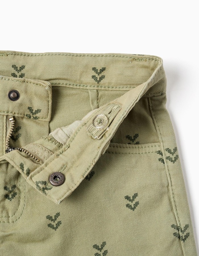 Twill shorts with floral motif and frayed hems for girls, dark green