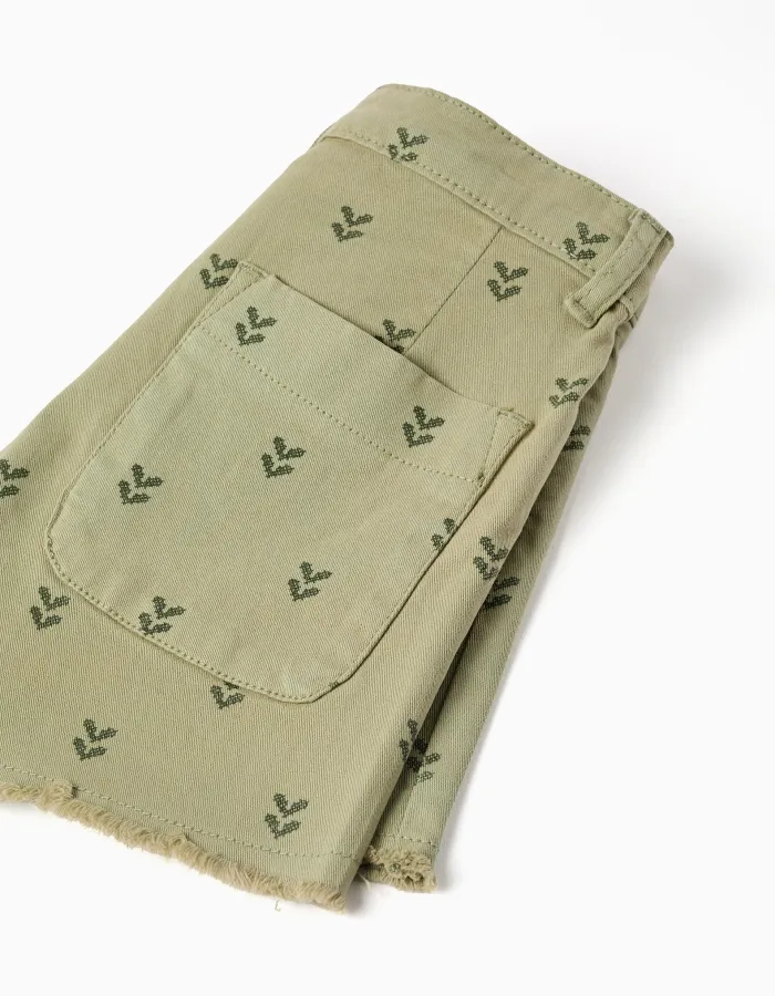 Twill shorts with floral motif and frayed hems for girls, dark green