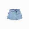 Denim skort with frayed hem for girls, light blue