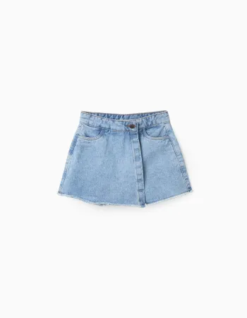 Denim skort with frayed hem for girls, light blue