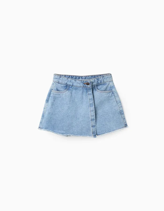 Denim skort with frayed hem for girls, light blue