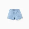 Denim skort with frayed hem for girls, light blue