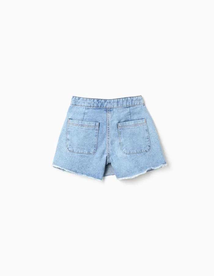 Denim skort with frayed hem for girls, light blue