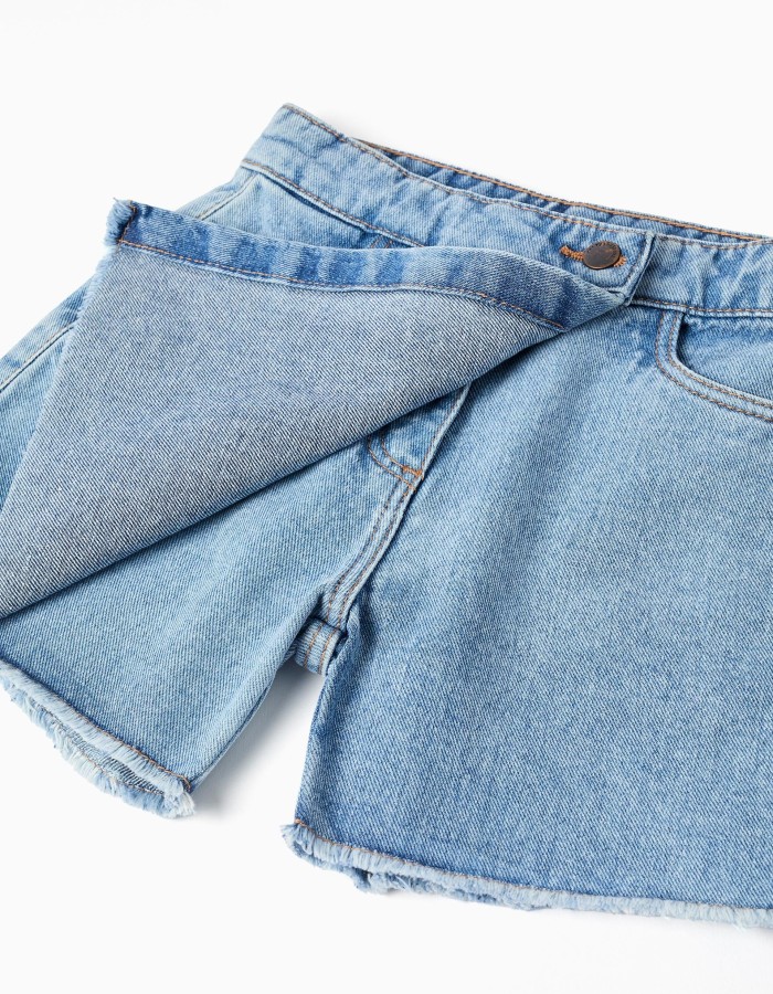Denim skort with frayed hem for girls, light blue