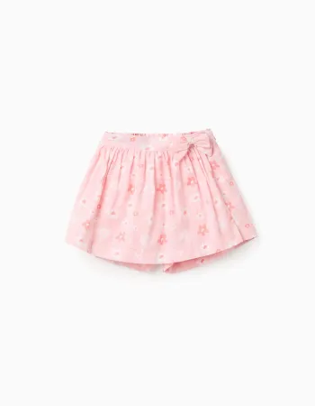 Cotton skort with floral motif and bow for girls, light pink