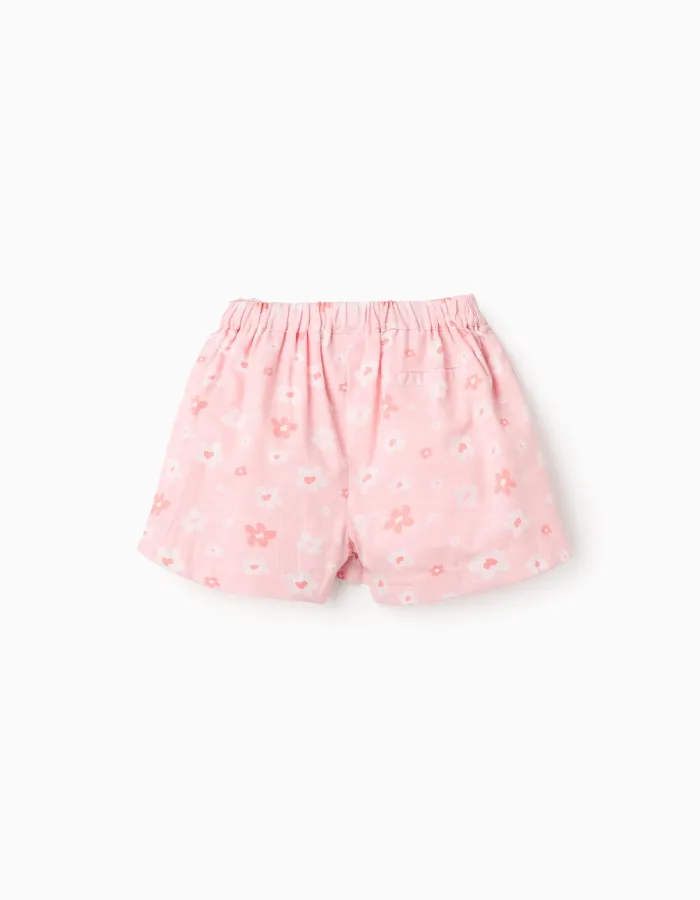 Cotton skort with floral motif and bow for girls, light pink