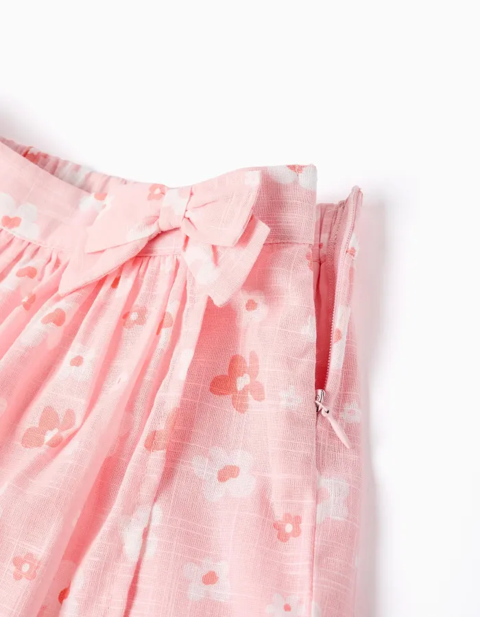 Cotton skort with floral motif and bow for girls, light pink
