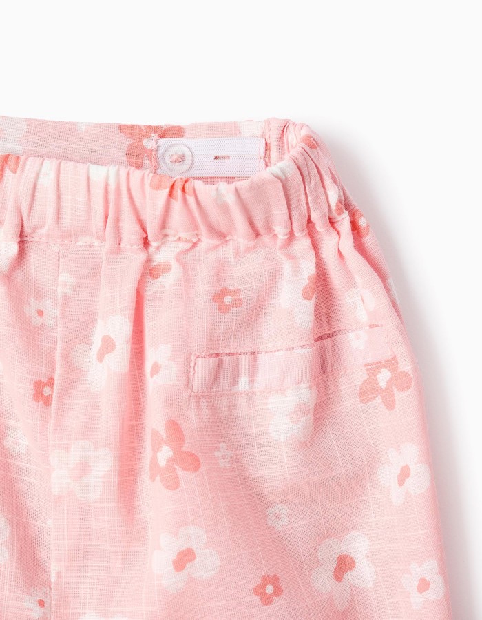 Cotton skort with floral motif and bow for girls, light pink