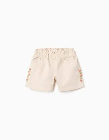 Twill shorts with embroidery and paperbag waist for girls, light beige