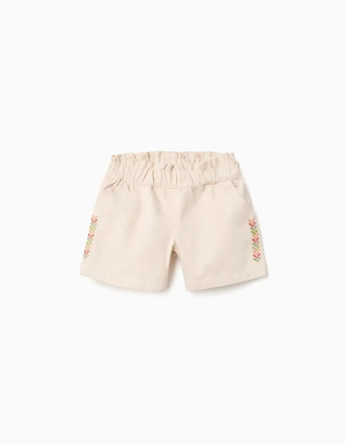 Twill shorts with embroidery and paperbag waist for girls, light beige