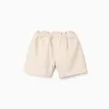 Twill shorts with embroidery and paperbag waist for girls, light beige