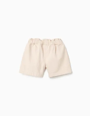 Twill shorts with embroidery and paperbag waist for girls, light beige