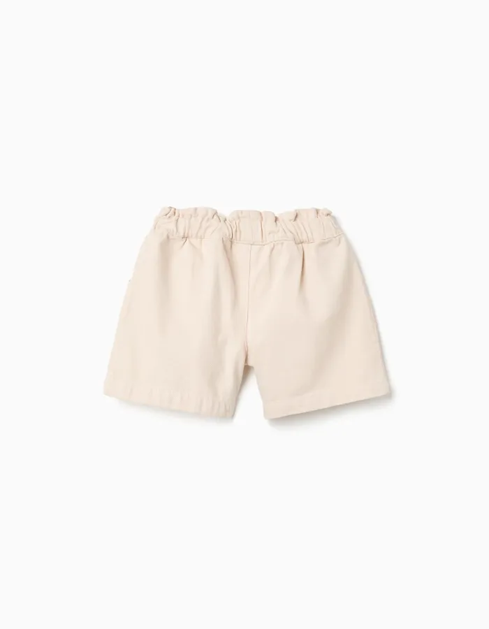 Twill shorts with embroidery and paperbag waist for girls, light beige