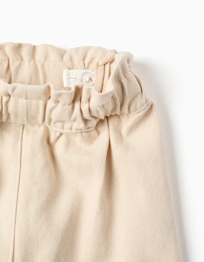 Twill shorts with embroidery and paperbag waist for girls, light beige