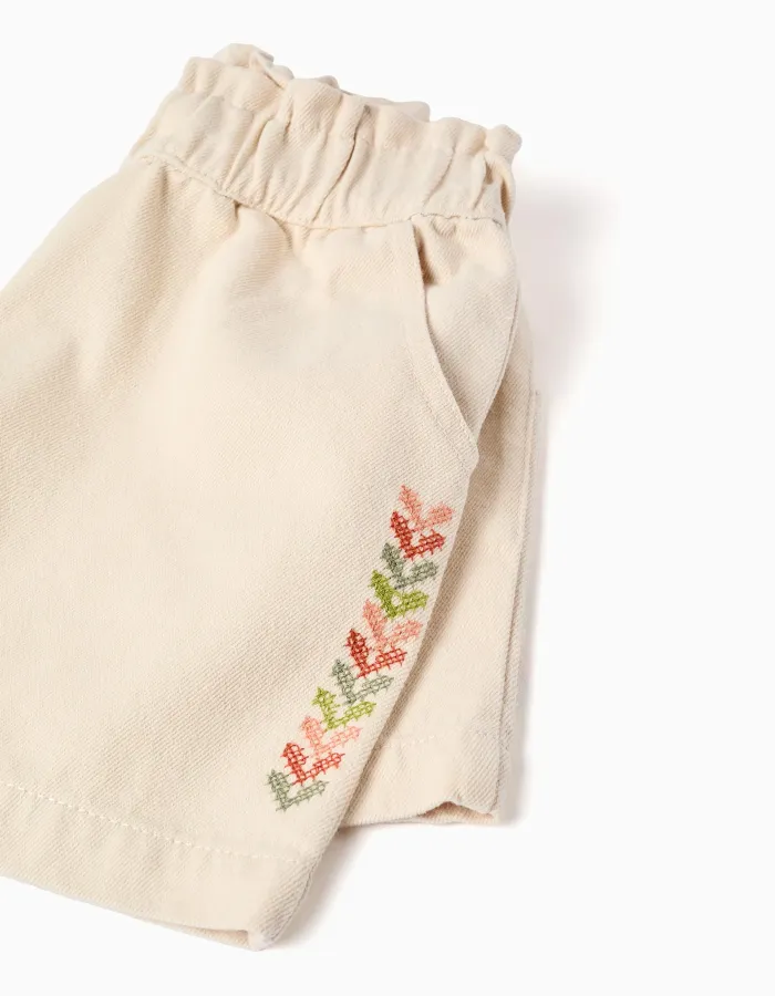 Twill shorts with embroidery and paperbag waist for girls, light beige