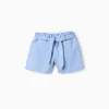 Cotton shorts with embroidery and belt for girls, light blue