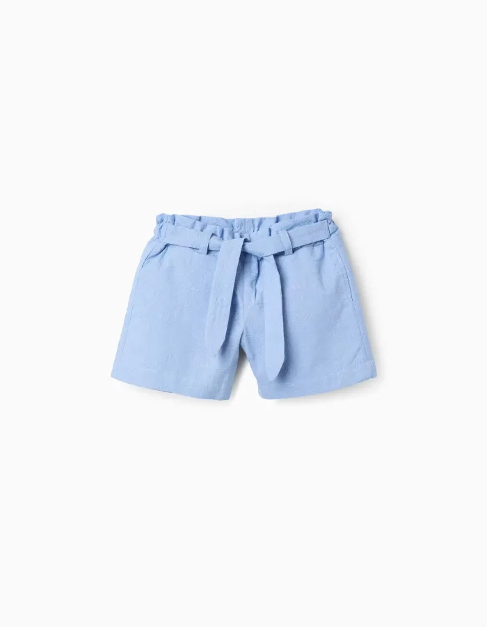Cotton shorts with embroidery and belt for girls, light blue