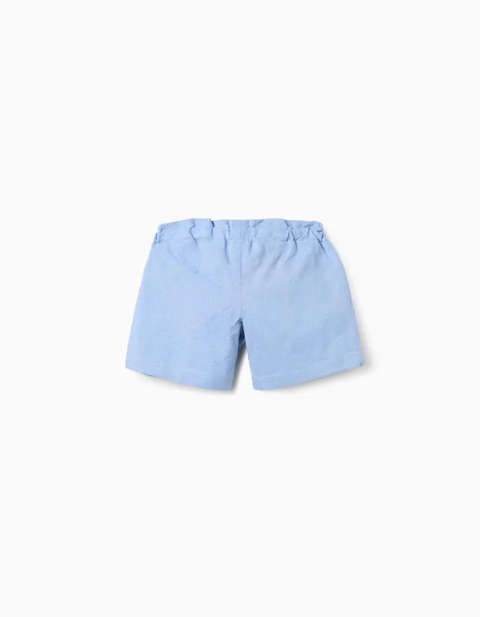 Cotton shorts with embroidery and belt for girls, light blue