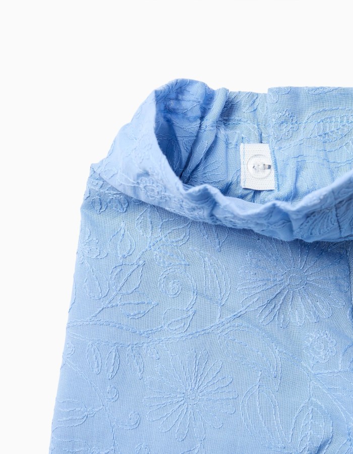 Cotton shorts with embroidery and belt for girls, light blue